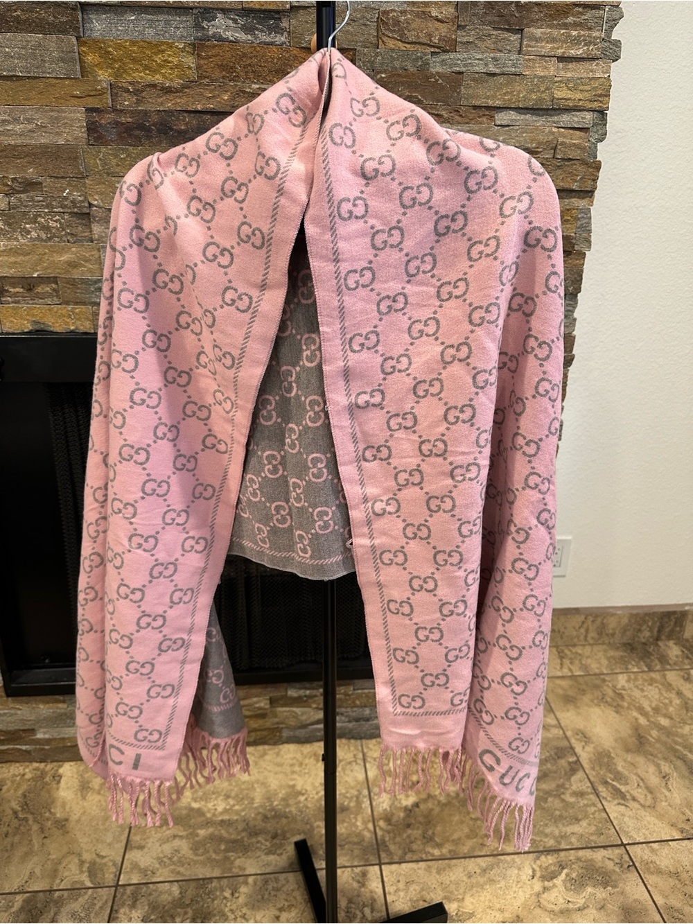 Pink and Gray GG Monogram Wool Scarf